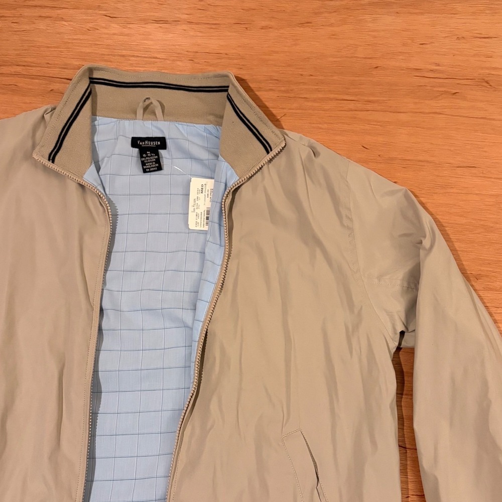 Van Heusen Mens Tan Khaki Full Zip Bomber Jacket Plaid Lined Size M 15-15.5 NEW